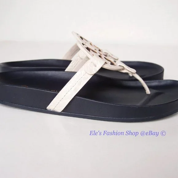 NIB Tory Burch Miller Cloud Leather Thong Sandal Cream Navy US 9 100% AUTHENTIC
